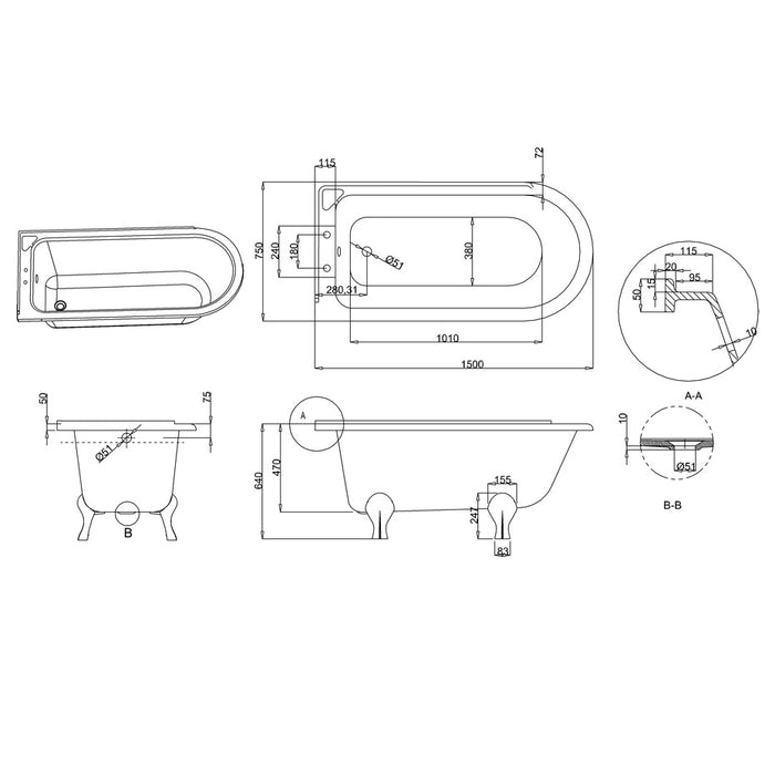 Burlington Hampton Back to Wall Showering Bath with Legs