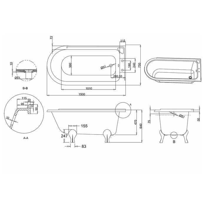 Burlington Hampton Back to Wall Showering Bath with Legs