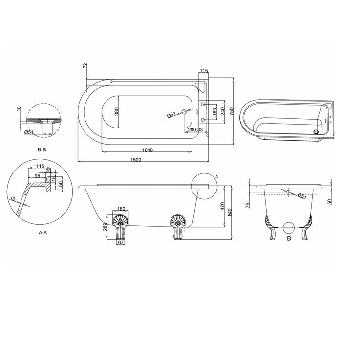 Burlington Hampton Back to Wall Showering Bath with Legs