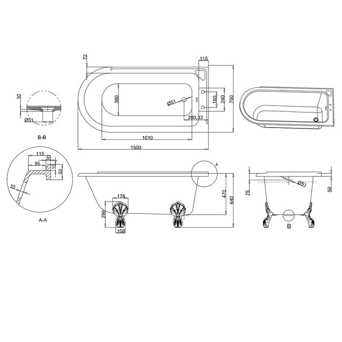 Burlington Hampton Back to Wall Showering Bath with Legs