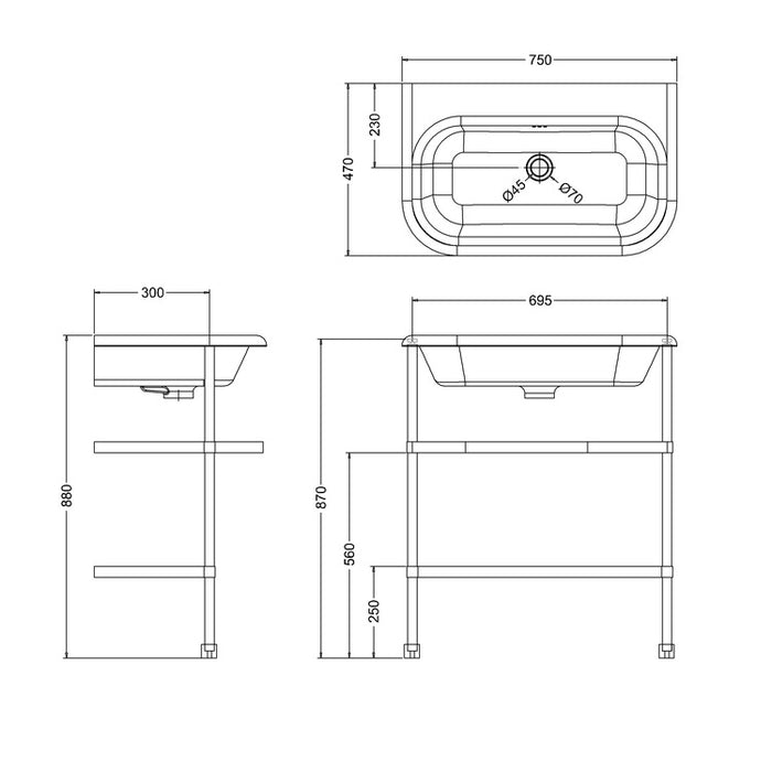 Burlington Double Roll Top Basin with Stainless Steel Stand - No TH - White