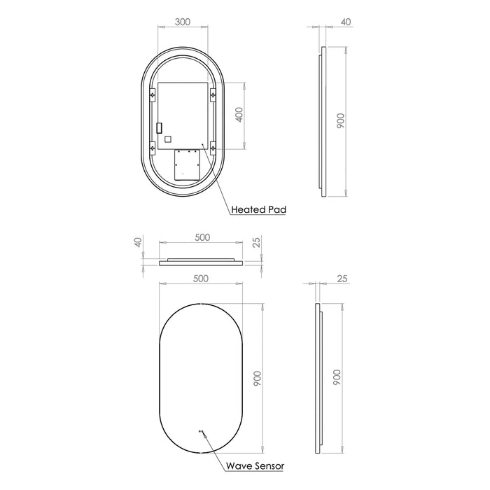 HiB Arcane Pill Illuminated Frame LED Mirror - 900mm x 500mm