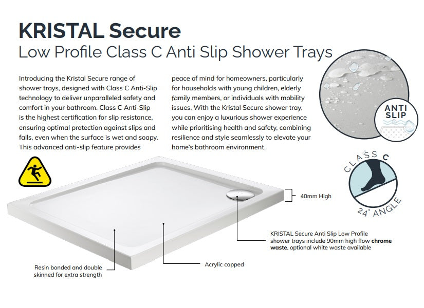 Sonas Kristal Secure Anti Slip Rectangular Shower Tray With Waste - White