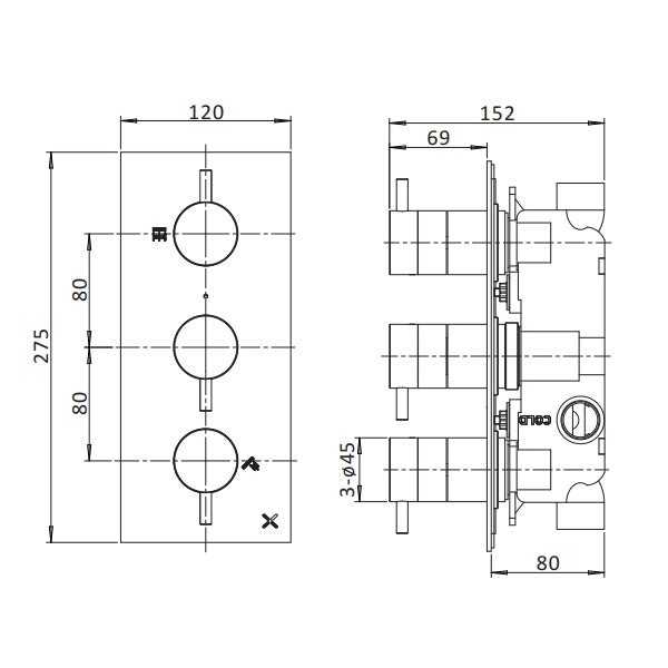 Crosswater MPRO 2 Outlet 3 Handle Portrait Concealed Thermostatic Shower Valve