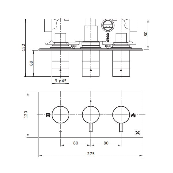 Crosswater MPRO 2 Outlet 3 Handle Landscape Concealed Thermostatic Shower Valve