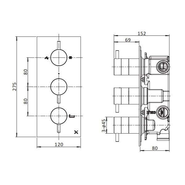 Crosswater MPRO 3 Outlet 3 Handle Portrait Concealed Thermostatic Shower Valve With 3 Way Diverter