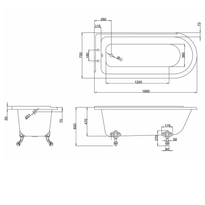 Burlington Hampton Back to Wall Showering Bath with Legs