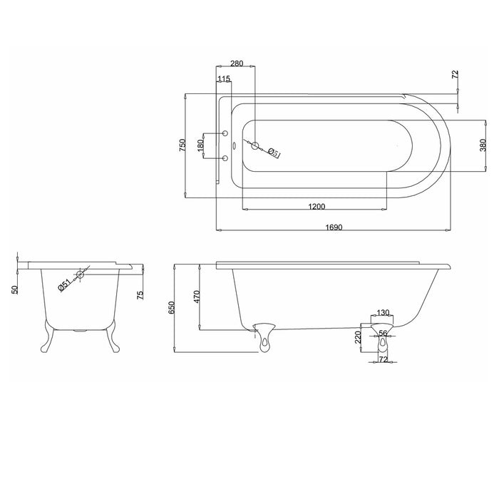 Burlington Hampton Back to Wall Showering Bath with Legs