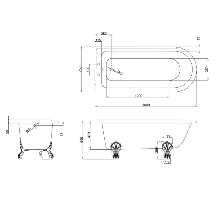 Burlington Hampton Back to Wall Showering Bath with Legs