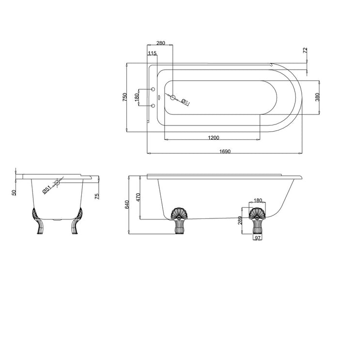 Burlington Hampton Back to Wall Showering Bath with Legs