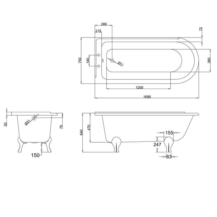 Burlington Hampton Back to Wall Showering Bath with Legs