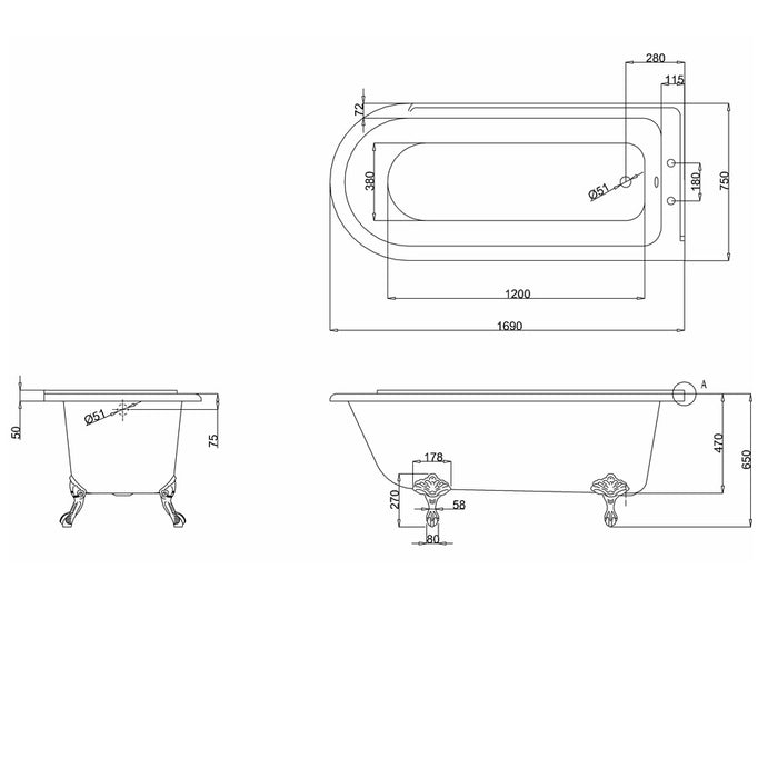 Burlington Hampton Back to Wall Showering Bath with Legs