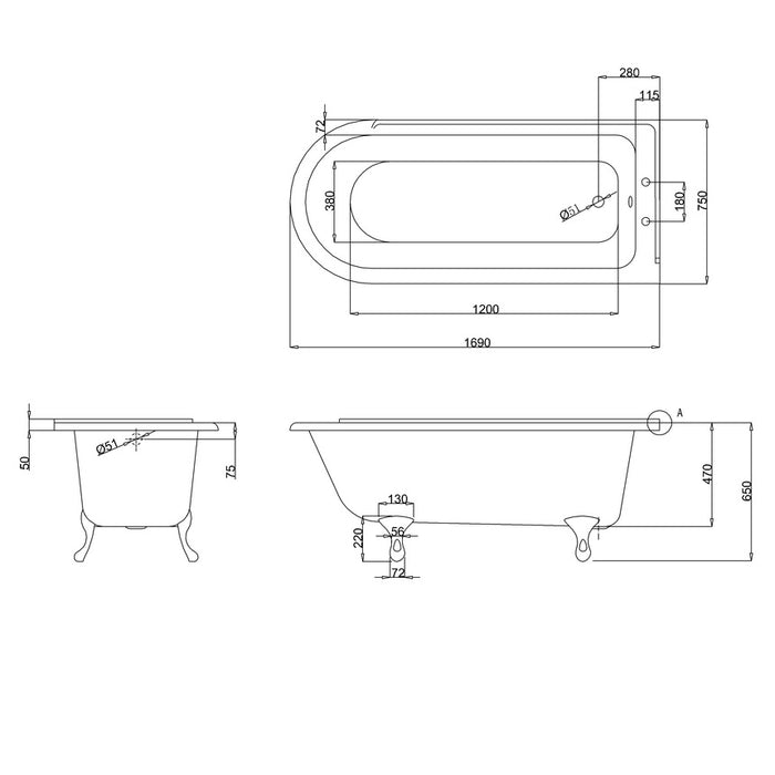 Burlington Hampton Back to Wall Showering Bath with Legs