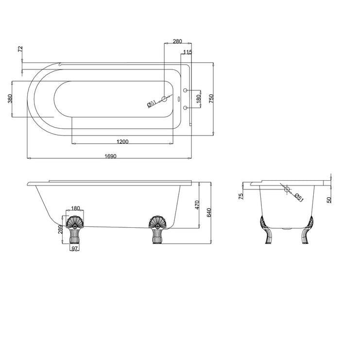 Burlington Hampton Back to Wall Showering Bath with Legs