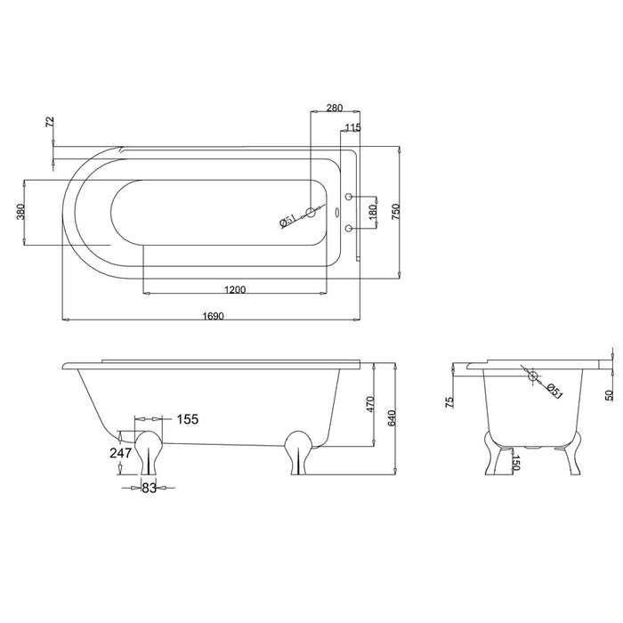 Burlington Hampton Back to Wall Showering Bath with Legs