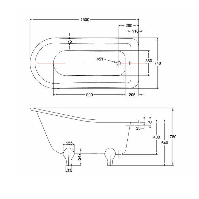 Burlington Buckingham Acrylic Single Ended Slipper Bath with Legs 1500mm x 740mm