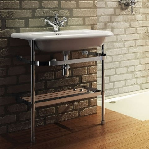 Burlington Double Roll Top Basin with Stainless Steel Stand - No TH - White