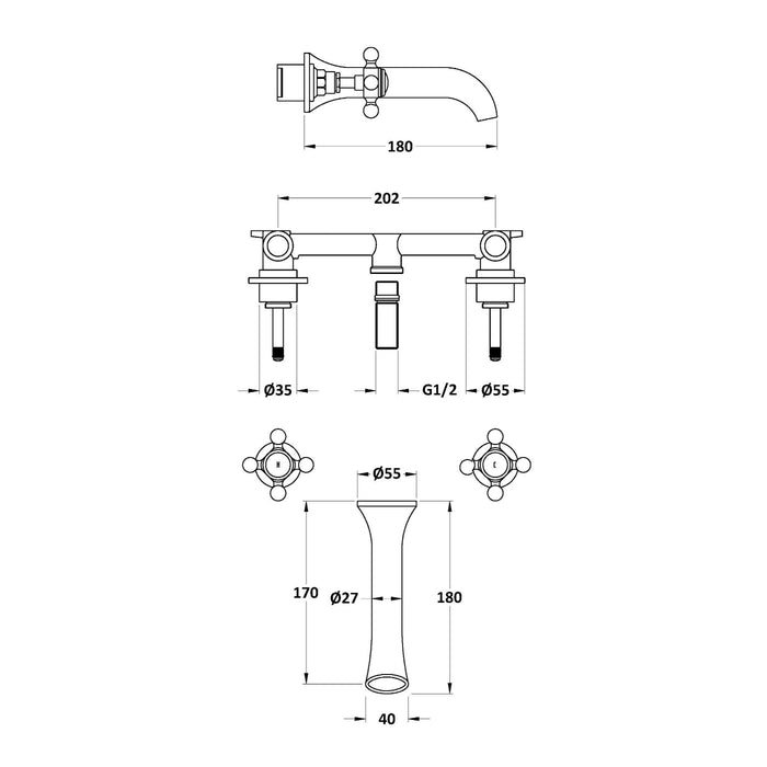 BC Designs Victrion Crosshead Basin Filler Tap with Spout