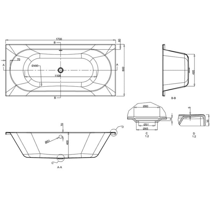 Britton Cleargreen Verde Double Ended Bath - No TH - Gloss