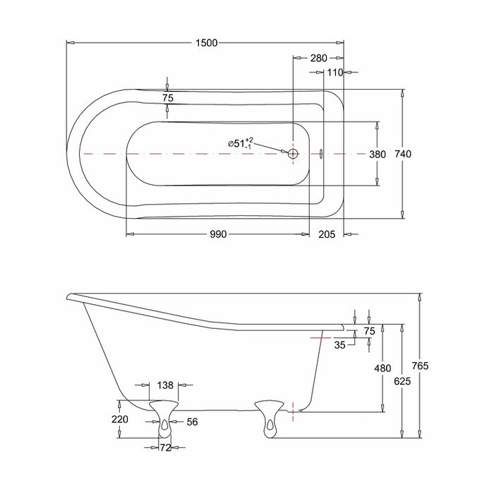 Burlington Buckingham Acrylic Single Ended Slipper Bath with Legs 1500mm x 740mm