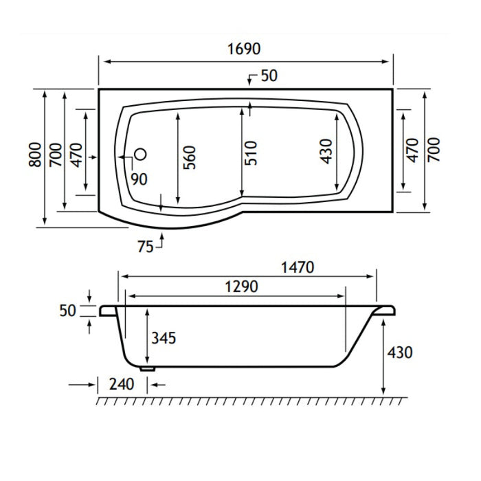 Eastbrook Axis P Shaped Shower Bath - 1700mm X 800mm