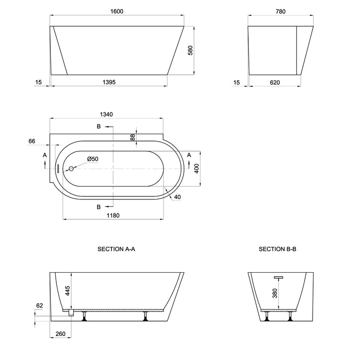 Eastbrook Bray Single Ended Bath - 1600mm X 780mm - White