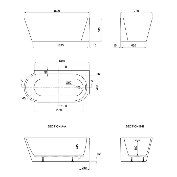 Eastbrook Bray Single Ended Bath - 1600mm X 780mm - White