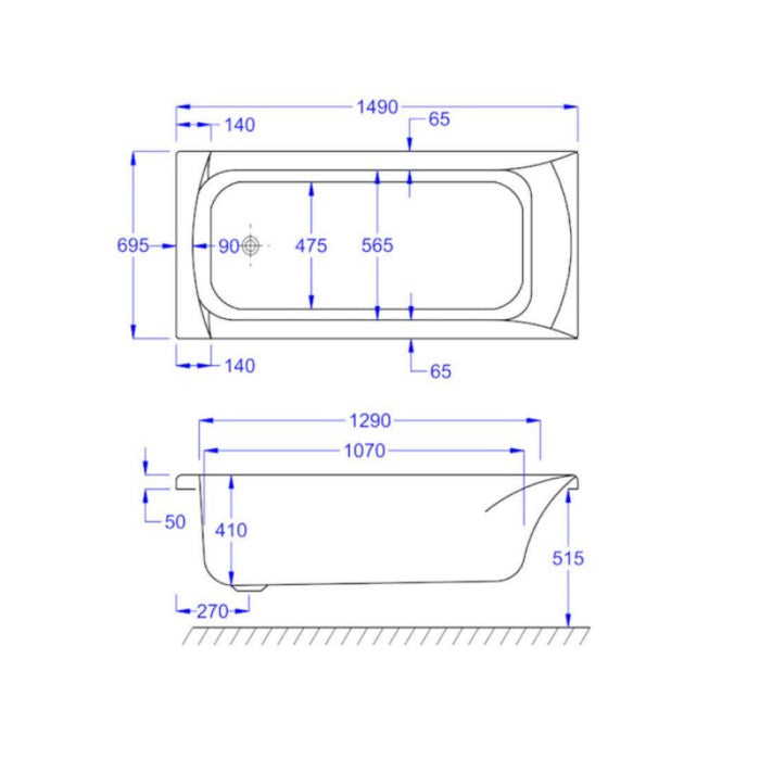Eastbrook Delta Single Ended Bath - 1500mm X 700mm - No TH