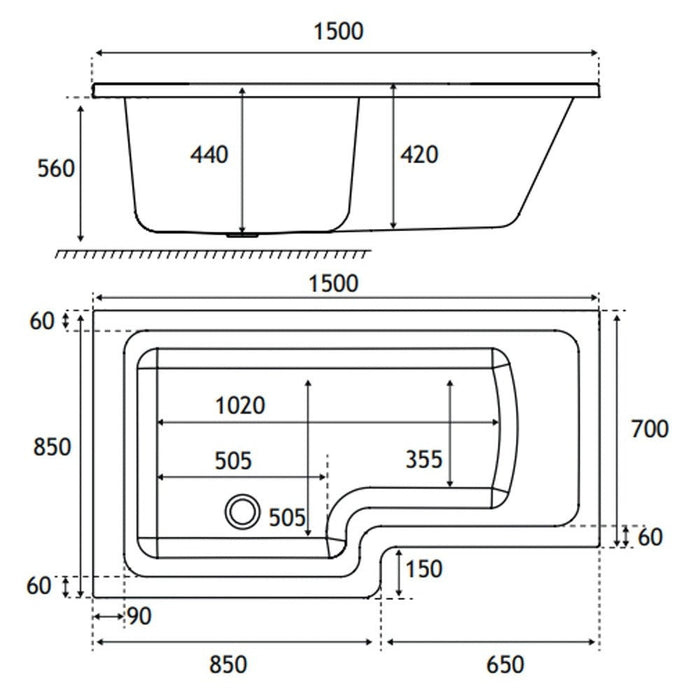 Eastbrook Portland L-Shaped Shower Bath - White - L-Shaped