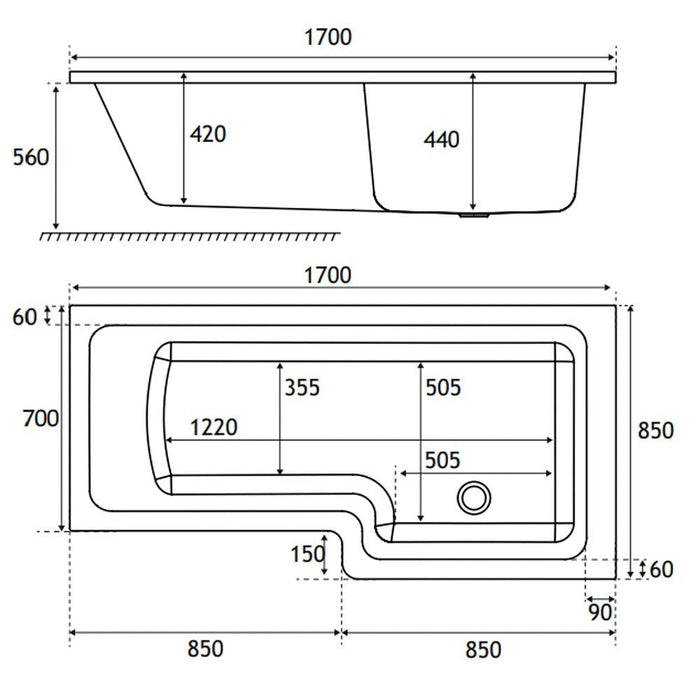 Eastbrook Portland L-Shaped Shower Bath - White - L-Shaped
