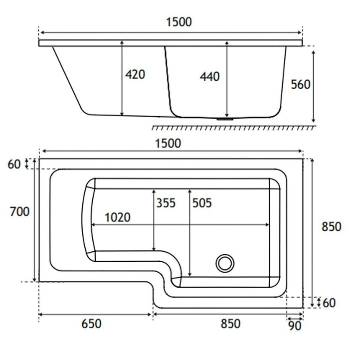 Eastbrook Portland L-Shaped Shower Bath - White - L-Shaped