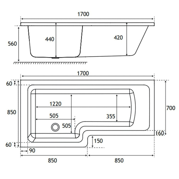 Eastbrook Portland L-Shaped Shower Bath - White - L-Shaped