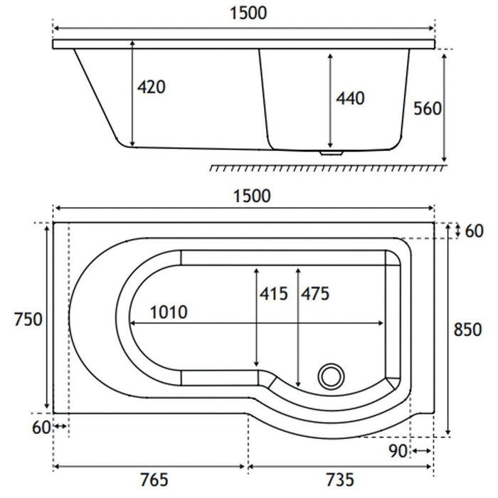 Eastbrook Portland P-Shaped Shower Bath - White - P-Shaped