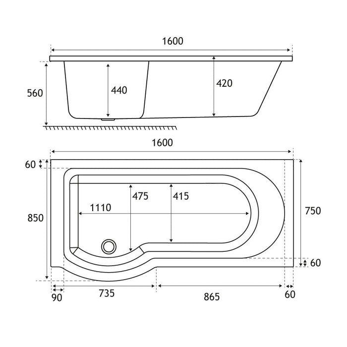 Eastbrook Portland P-Shaped Shower Bath - White - P-Shaped