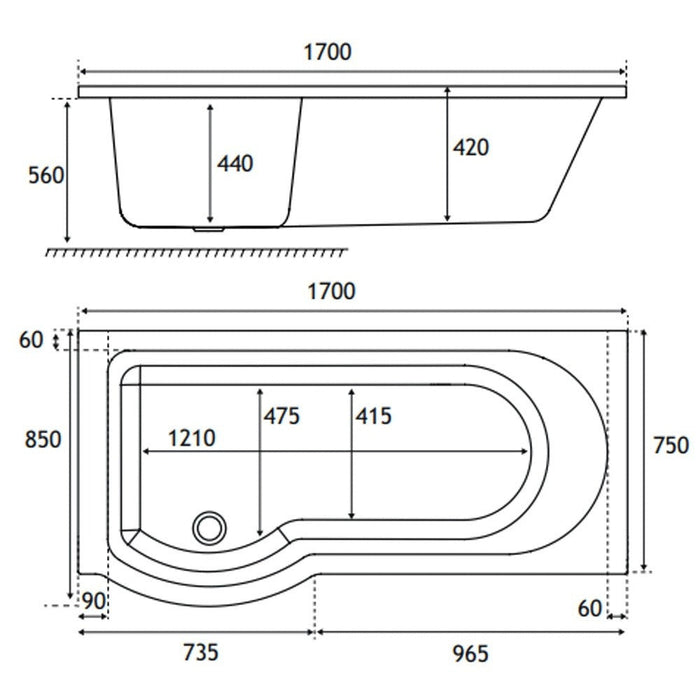Eastbrook Portland P-Shaped Shower Bath - White - P-Shaped