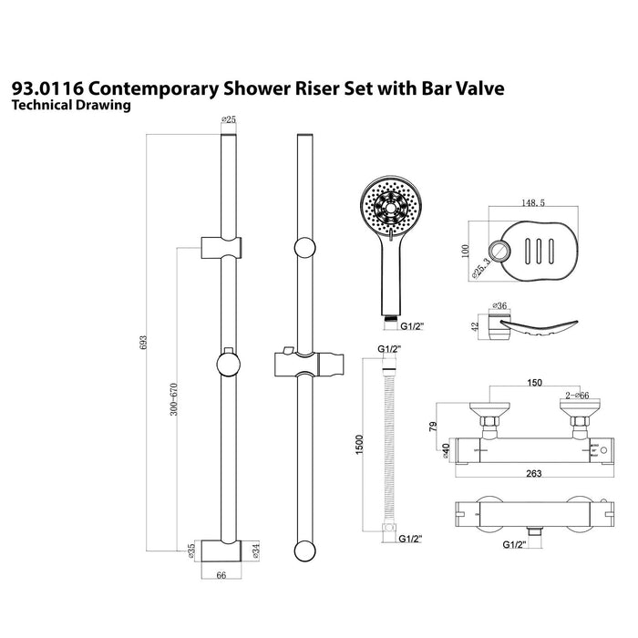 Eastbrook Thermostatic Bar Shower Mixer With Slide Rail Kit