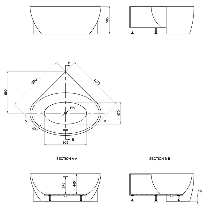 Eastbrook Whitchurch Corner Bath - 1270mm Long - White