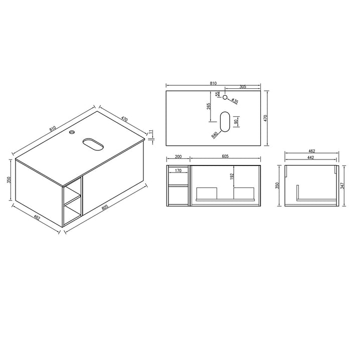Lussaro Nero 1 Drawer Wall Hung Vanity Unit with Side