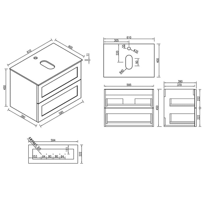Lussaro Valerio 2 Drawer Wall Hung Vanity And Basin - 610mm