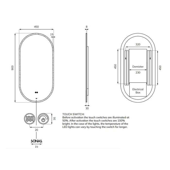 Sonas Eterna Illuminated LED Mirror - 900mm x 450mm