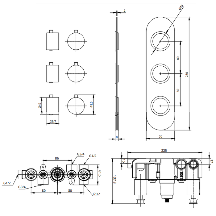 Sonas Alita 3 Outlet and 3 Handle Shower Valve - Chrome