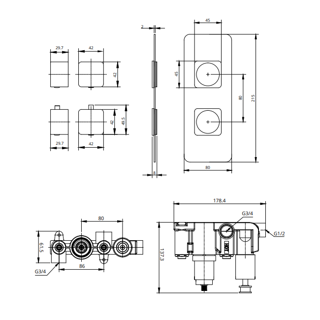 Sonas Alita Square 1 Outlet and 2 Handle Shower Valve