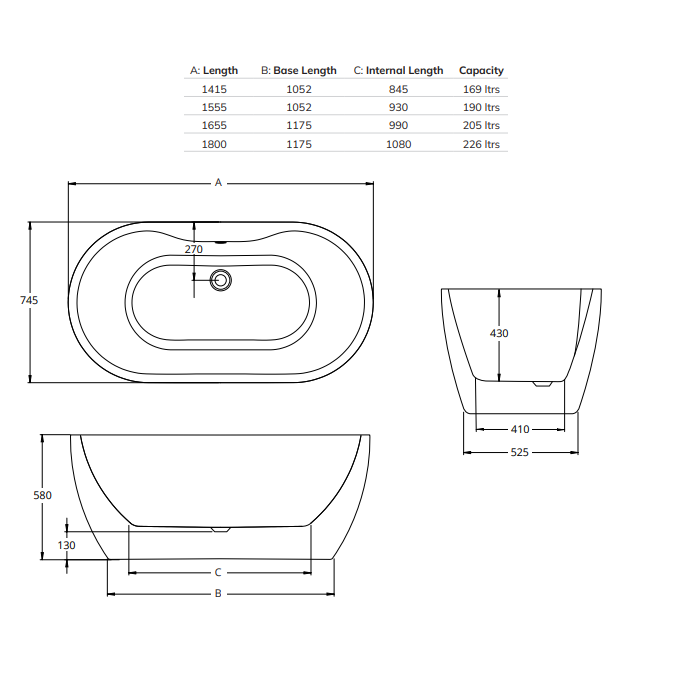 Sonas Andrea Freestanding Double Ended Bath - Freestanding
