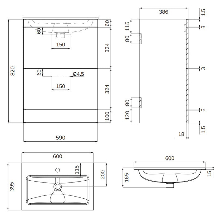Sonas Corta 2 Drawer Compact Floorstanding Vanity Unit
