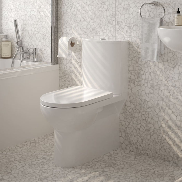 Sonas Eden Rimless Semi Shrouded Close Coupled Toilet with Exposed Inlet, Cistern & Soft Close Seat - White