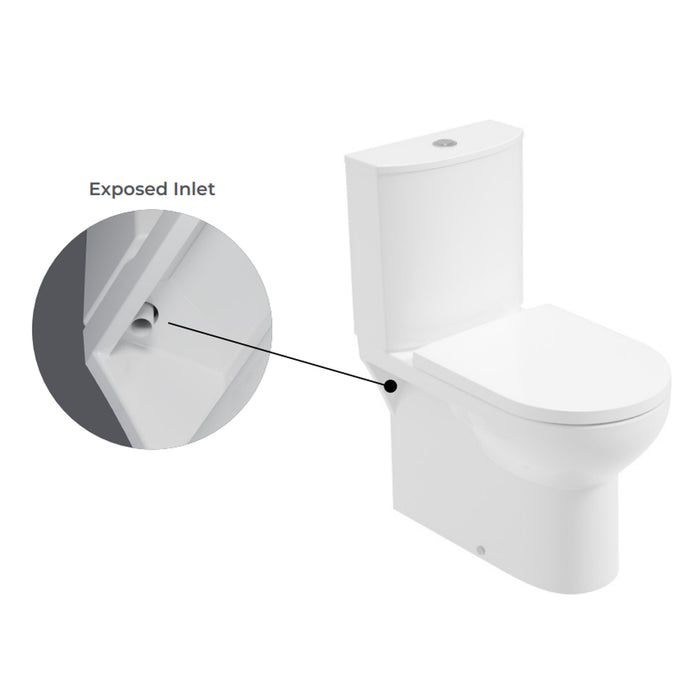 Sonas Eden Rimless Semi Shrouded Close Coupled Toilet with Exposed Inlet, Cistern & Soft Close Seat - White