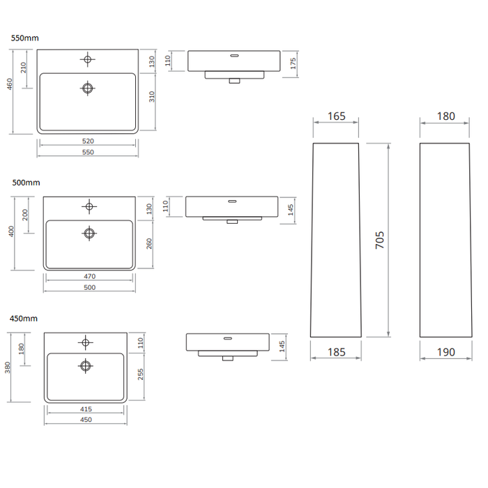 Sonas Horizon Square Basin With Full Pedestal 1 Tap Hole