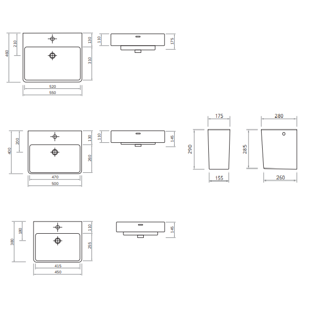 Sonas Horizon Square Basin With Semi Pedestal 1 Tap Hole