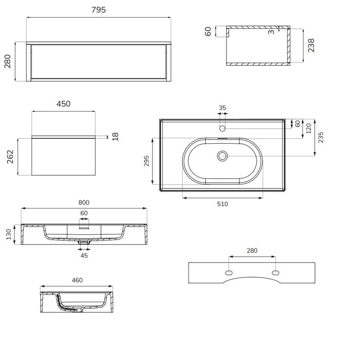 Sonas Pulse Floating Single Push Drawer Wall Hung Vanity