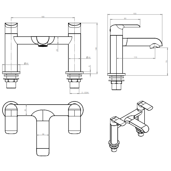 Sonas Scope Deck Mounted Bath Filler Tap - Bath Filler Taps